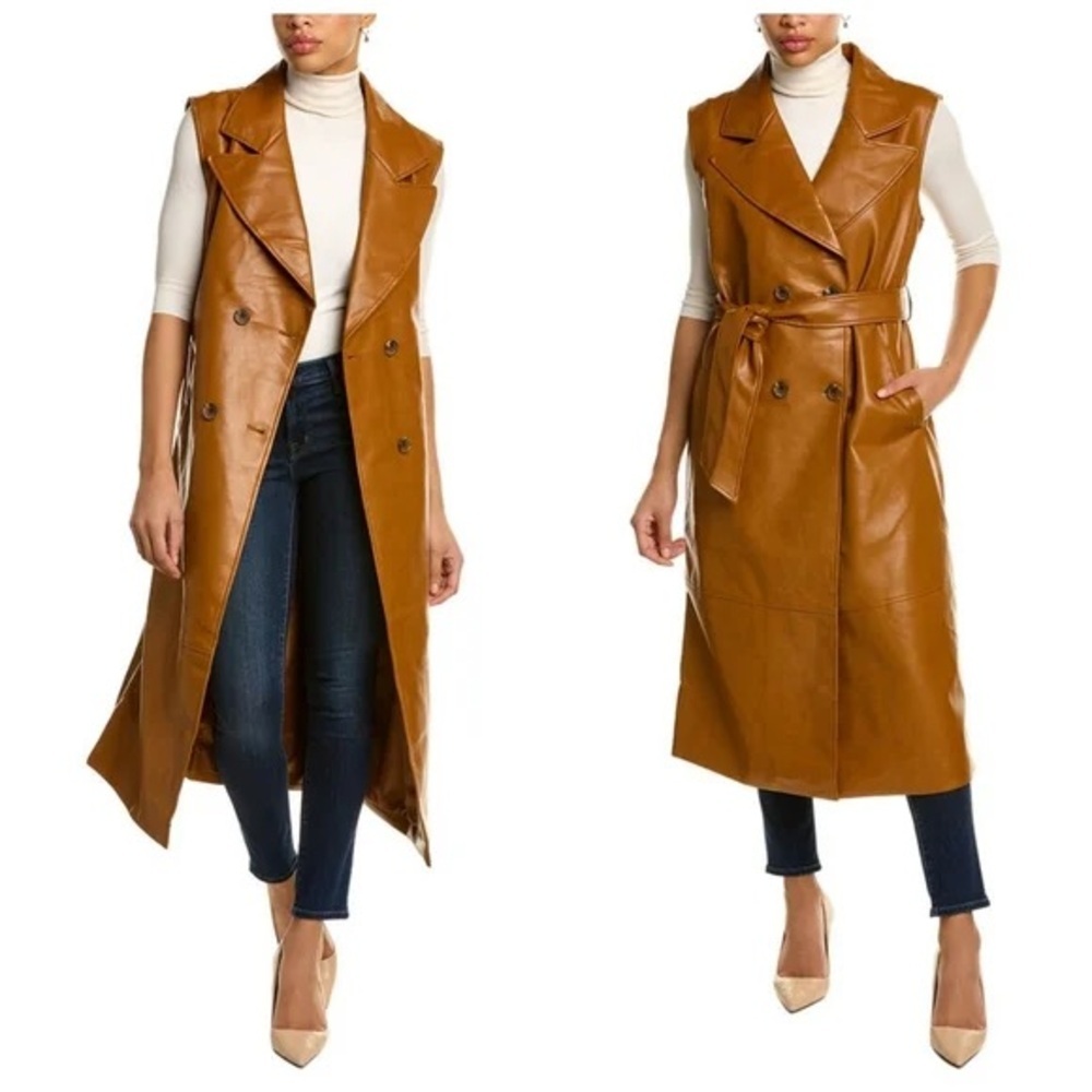 Bagatelle Collection Womens sleeveless faux leather cardigan jacket brown Medium